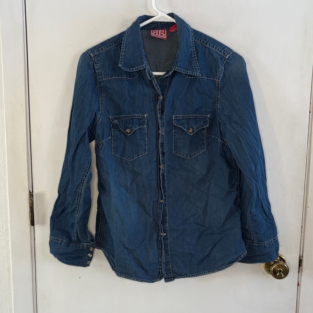 Red Ranch blue denim chambray long sleeve button down western shirt Size Small